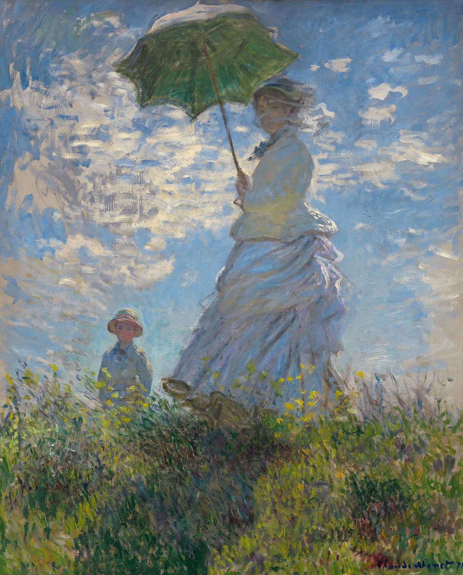 Claude Monet, Woman with a Parasol: a woman holding a green parasol stands on a windy hilltop against a bright sky, her young son in the grass nearby.