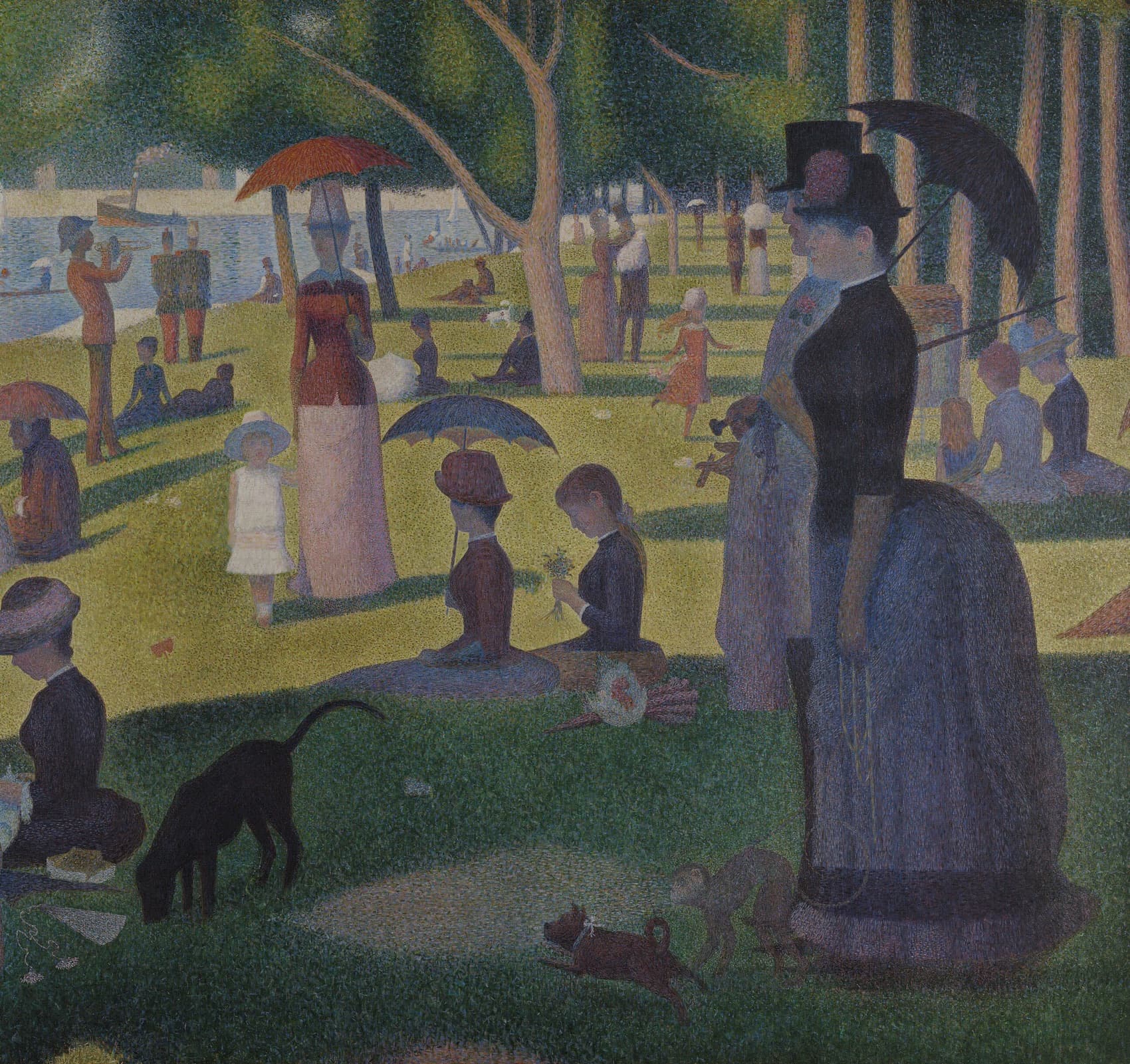 Georges Seurat, A Sunday Afternoon on the Island of La Grande Jatte: people rest on a sunny riverside lawn while a couple under a parasol stands beside a small dog and a pet monkey.