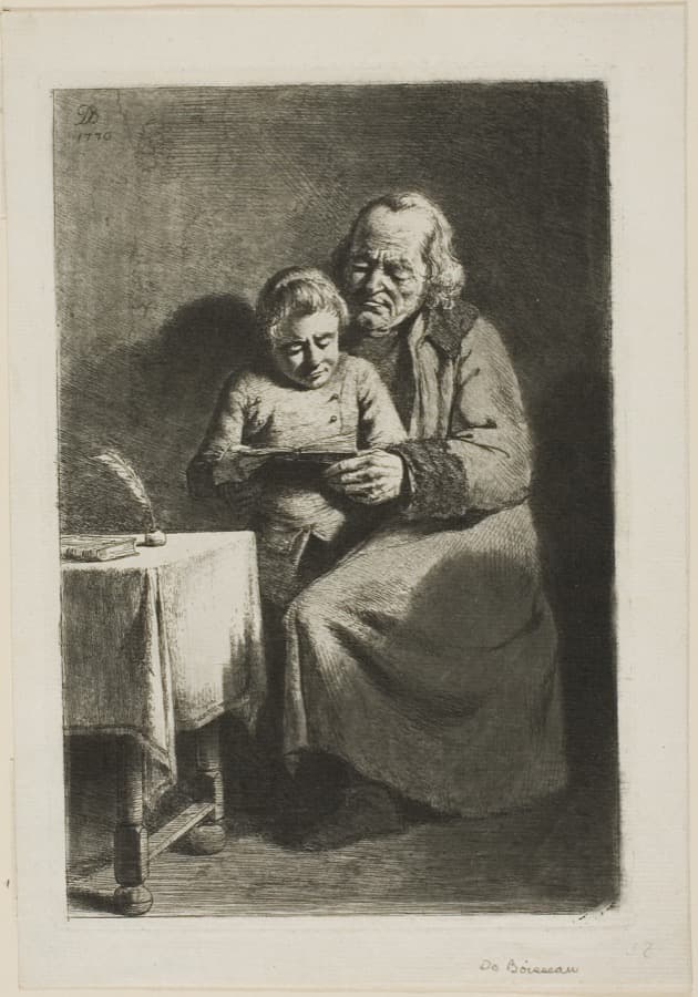 Etching of an old man reading a book with a young boy on his lap, beside a small table.