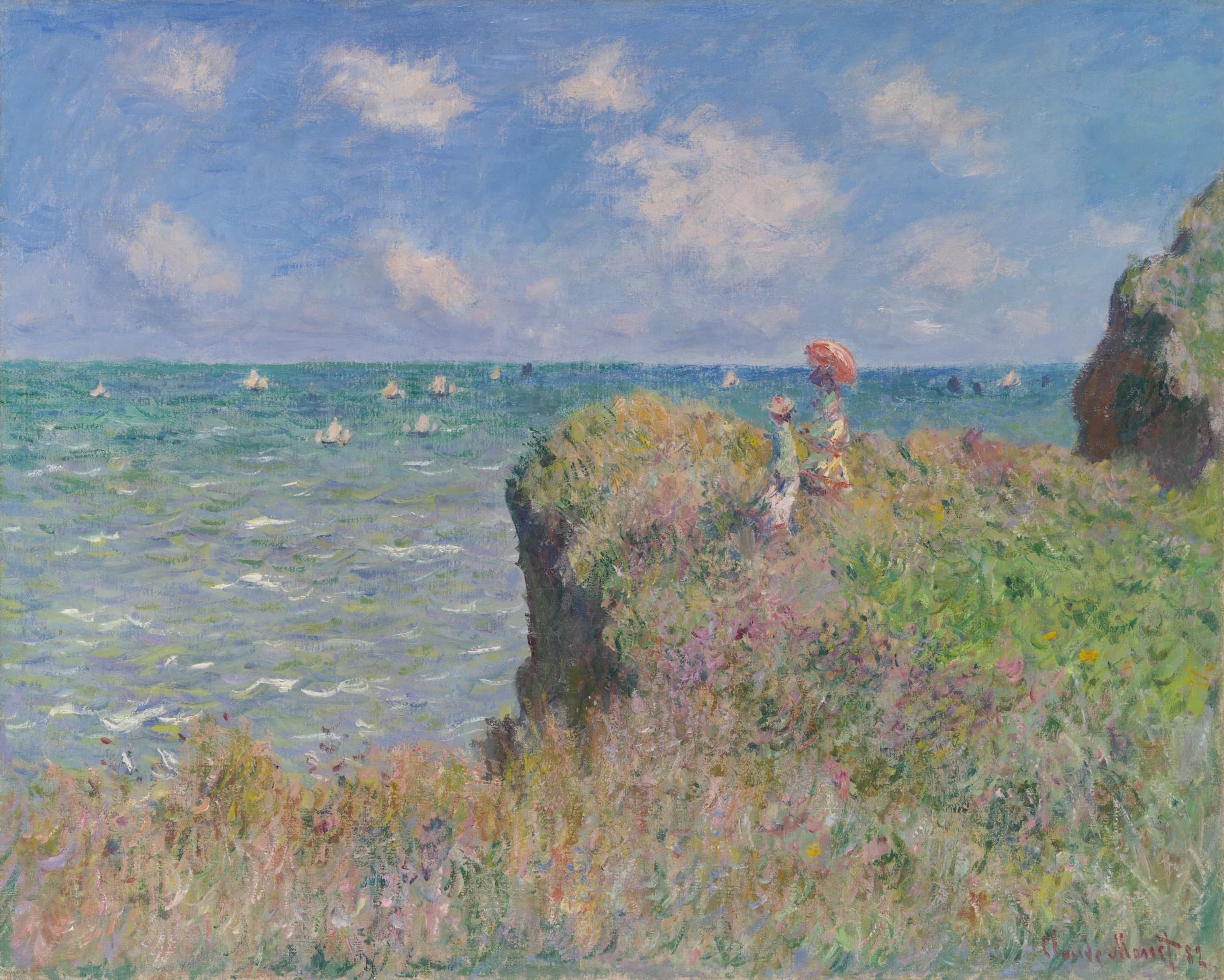 Claude Monet, Cliff Walk at Pourville: two figures on a flowered clifftop above a bright sea with sailboats.