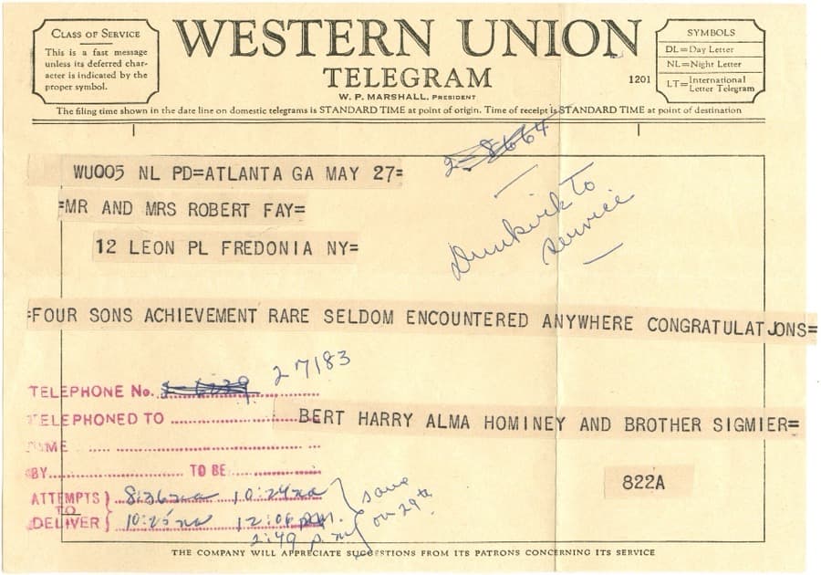A 1959 Western Union telegram, typed in capitals and stamped with handwritten notes.